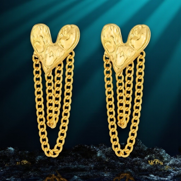 🆕️ 18K Gold Plated Heart Tassel Earrings 💖 Trendy Chain Statement Jewelry - Picture 9 of 13